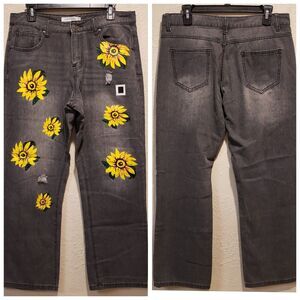 Misslook Jeans Womens M Gray Denim Painted Sunflower Boho Hippie Straight